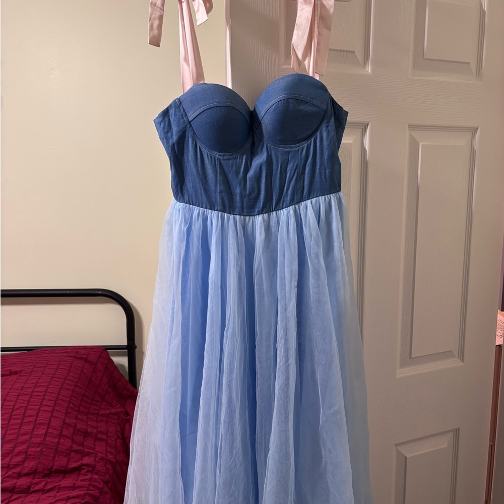 SHEIN Denim Blue and Light Blue Dress with Pink Straps